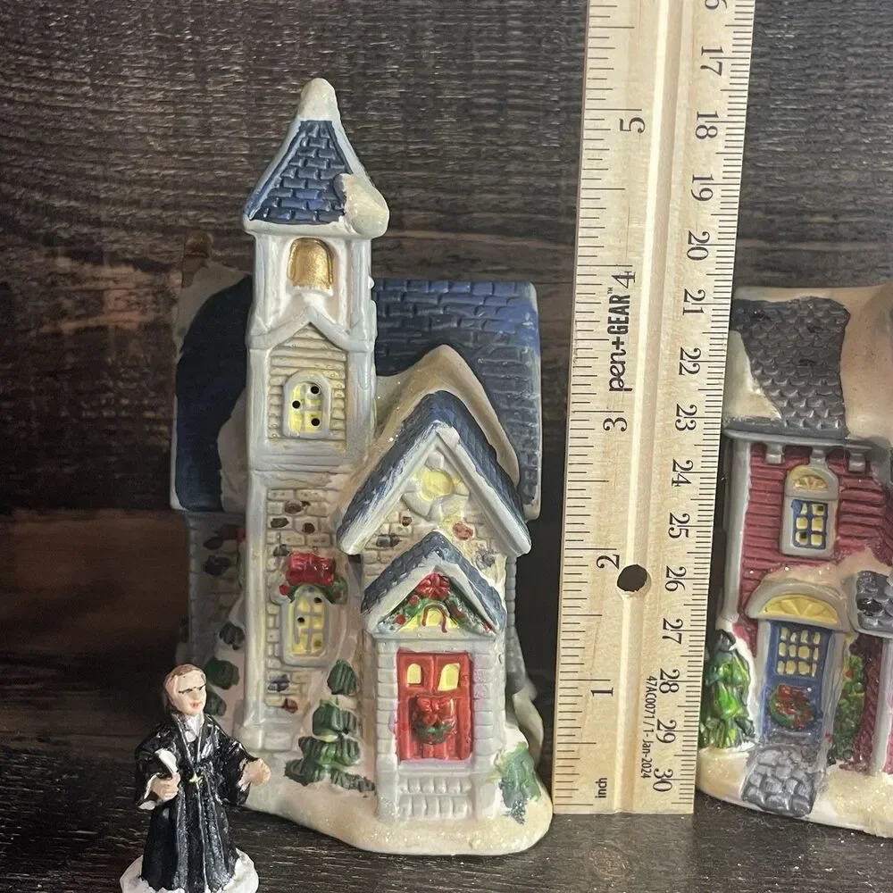 Vintage Porcelain Christmas Village Lot: School, Church & Priest Figurine